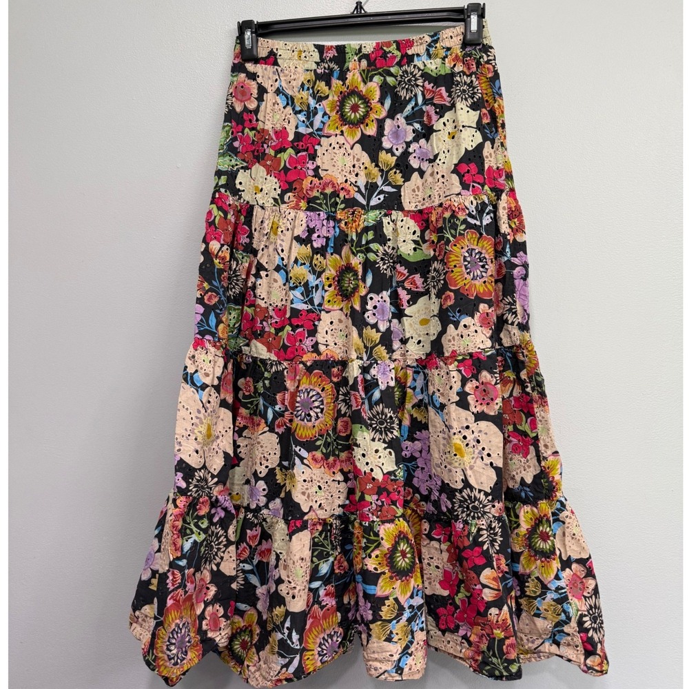 T. Tahari Womens Floral Tiered Eyelet Midi Skirt Multi-Color Cotton Size M
